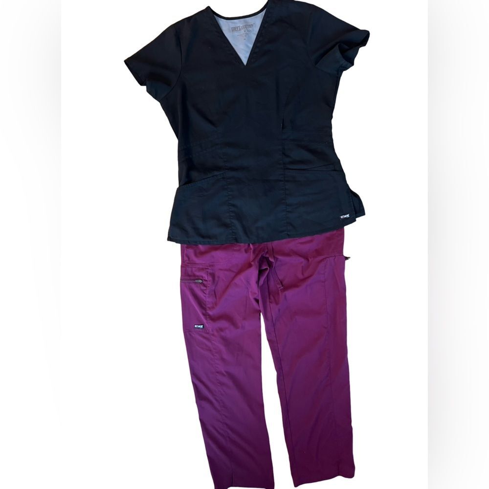 Grey’s Anatomy by Barco Scrub Set Medium Black Top Burgundy Pants Medical - Picture 2 of 11